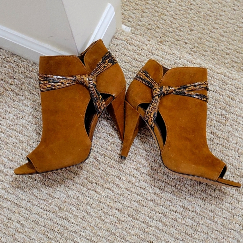 Brown suede, peep toe bootie, open side (outside of shoe), snake print wrap